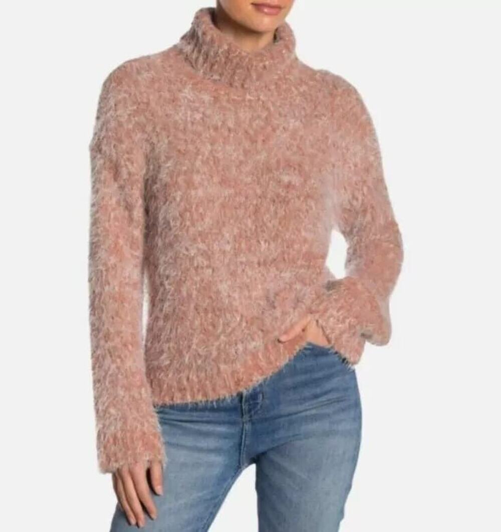 Abound Women's Fuzzy Knit Turtleneck Sweater Long Sleeves Tan Lion Marl Sz L NWT